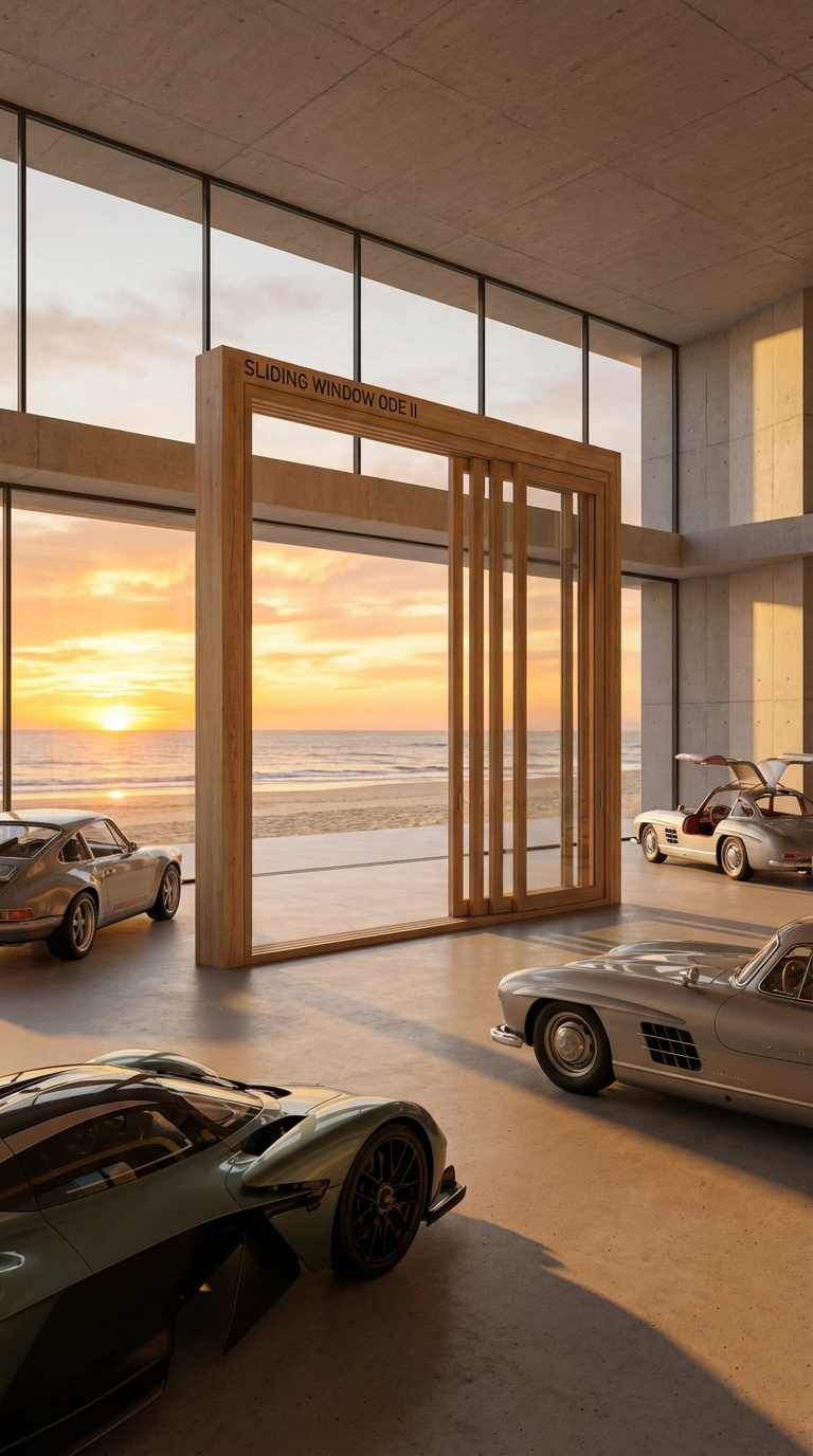A contemporary living area illuminated by sliding window systems that frame natural light and outdoor scenery.
